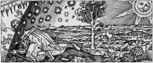 engraving of a medieval pilgrim breaking through the cosmos